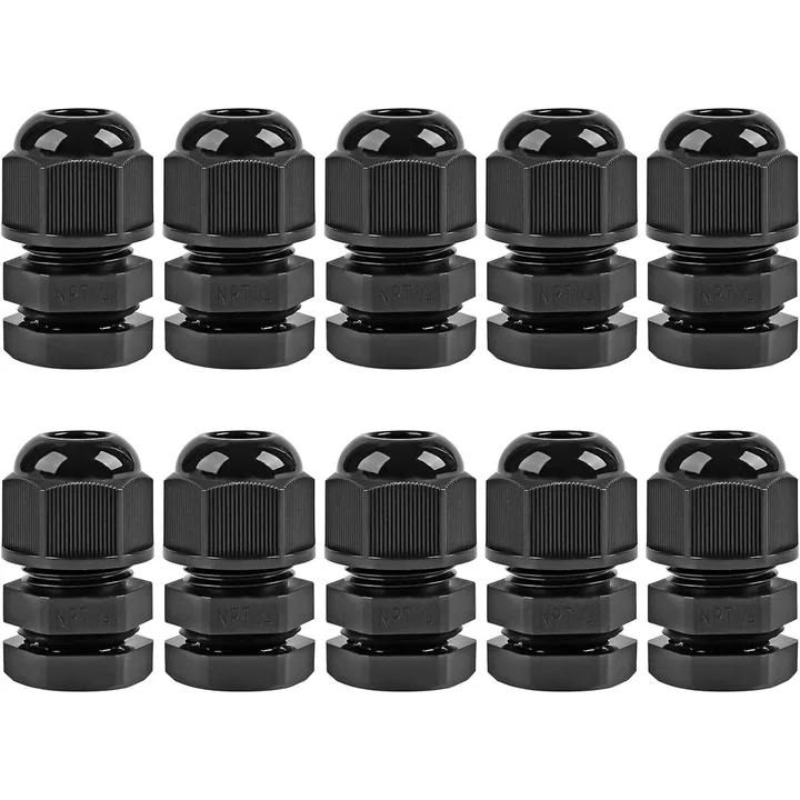 XHF Nylon Cable Glands, NPT Thread, 1/4 in, Black, 45 pcs