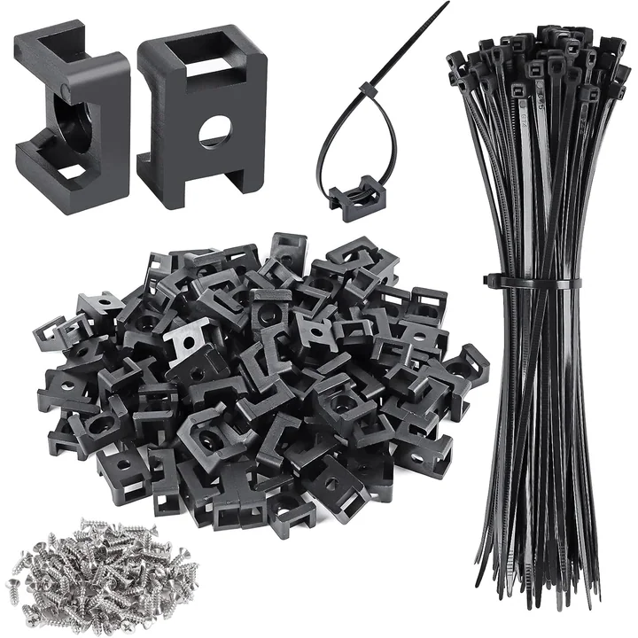 XHF Saddle-Type Zip Tie Mounts with Ties and Screws, 0.6 in base, Black, 100 pcs